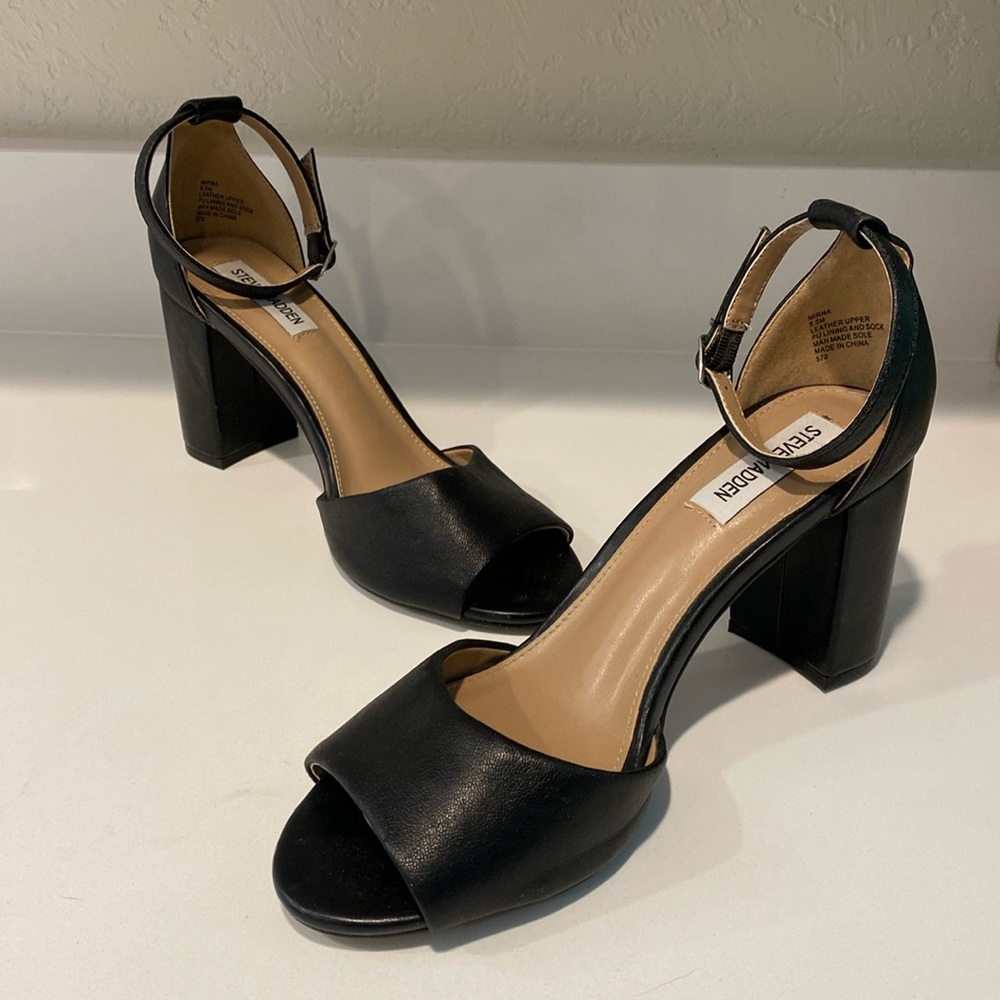 Steve Madden MIRNA ankle strap sandals 3 inch heel, black, genuine leather